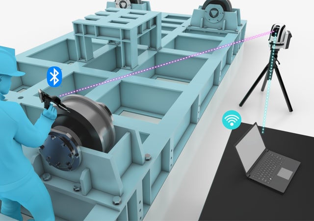 The wireless probe connects by Bluetooth and the camera connects to the PC wirelessly, so a large target can be measured from various angles.