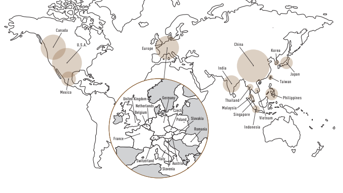 Canada, U.S.A., Mexico, Europe, China, Korea, Japan, Taiwan, India, Thailand, Malaysia, Singapore, Indonesia, Vietnam, Philippines