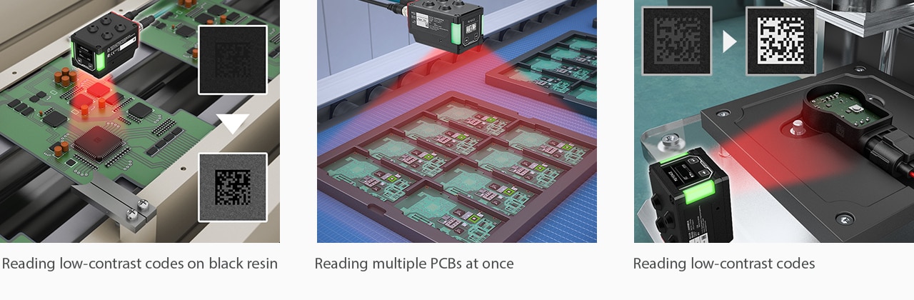 Examples of code reading: reading low-contrast codes on black resin, reading multiple PCBs at once, and reading low-contrast codes.