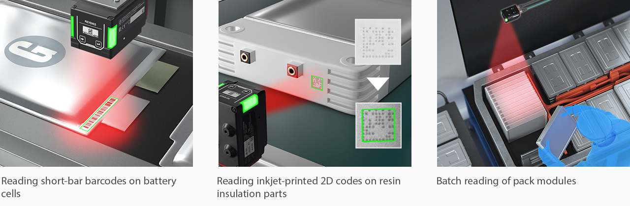 Examples of code reading on battery parts: reading short-bar barcodes on battery cells, reading inkjet-printed 2D codes on resin insulation parts, and batch reading of pack modules.