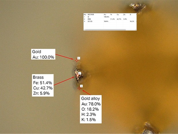 The peeling of the plating on the tip of a probe pin can be analyzed.