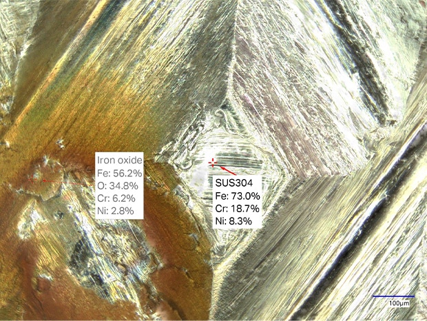 Pinpoint analysis of discolored locations is possible, allowing them to be evaluated as rust stains adhered to the surface or as rust generated from inside the stainless steel.