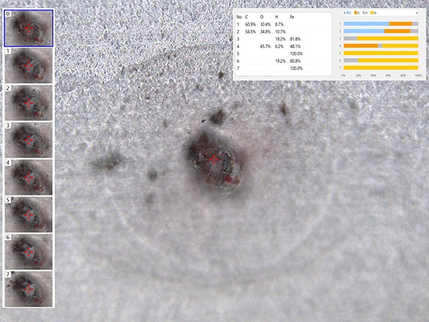 It is difficult to remove microscopic foreign particles from a film, so it was not possible to analyze these particles. However, the drilling function of the EA-300 enables this analysis.