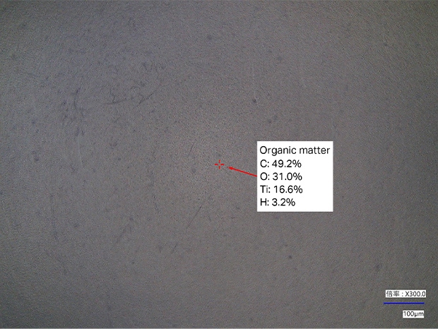 The detection of organic materials and titanium confirms that pigments are on the film surface.
