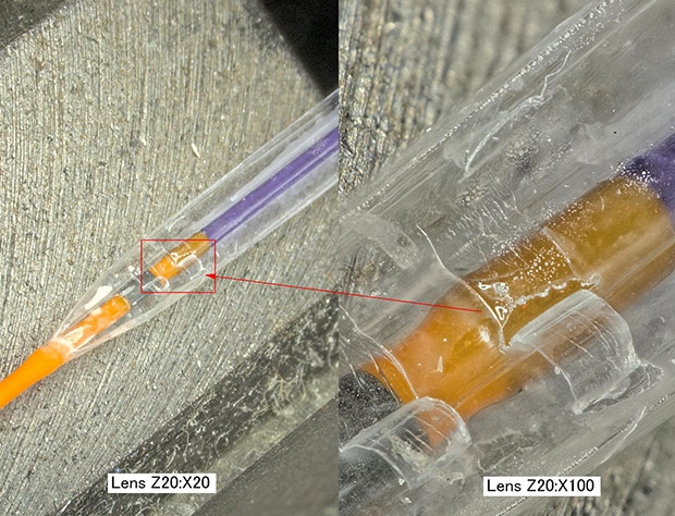 Magnified observation of balloon catheter: 20x (left) and 100x (right)