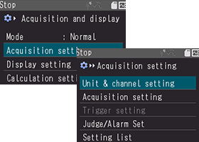 Press the MENU key to display the [Collection and Display] screen, and then select [Collection Settings]. Select [Settings of Unit and Each Channel] and set the input channel for unit “ST04.” Press the F1 key to return to [Collection Settings].