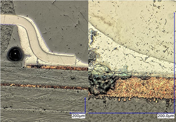 Observation of solder cracks on an IC cross section (left: 150x/right: 1000x)