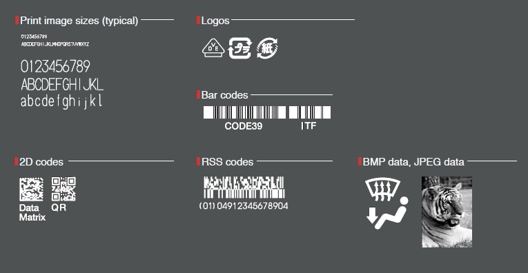 Print image sizes (typical), Logos, ar codes, 2D codes, RSS codes, BMP data, JPEG data