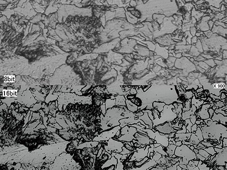 Metal structure (900x) Top: 8-bit image/bottom: 16-bit image