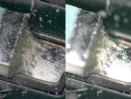 Tilted observation of a solder fillet Left: depth composition, glare removal, ring-reflection removal/right: normal