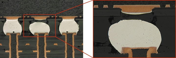 Ball grid array (BGA) cross section: observation of a continuity defect due to a cracked solder ball (left: 200x/right: 500x)