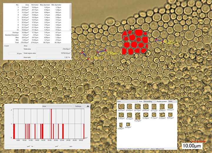 Transmitted illumination (2000x) + automatic area measurement/count