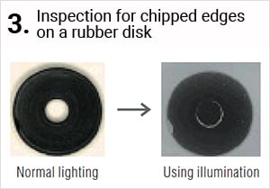 Inspection for chipped edges on a rubber disk Normal lighting Using illumination