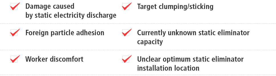 Damage caused by static electricity discharge, Foreign particle adhesion, Worker discomfort, Target clumping/sticking, Currently unknown static eliminator capacity, Unclear optimum static eliminator installation location