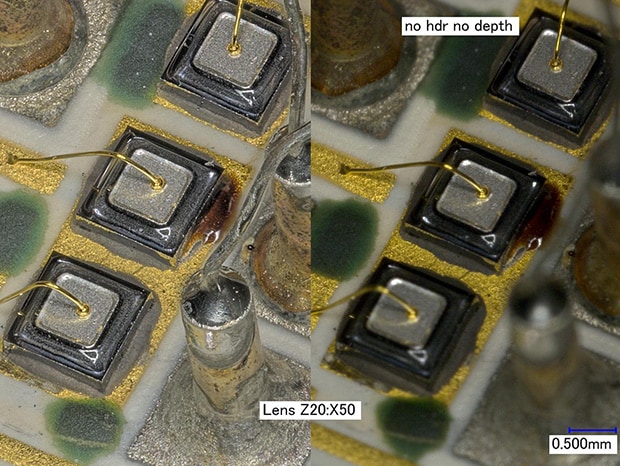 Left: HDR imaging + depth composition/right: normal (50x)