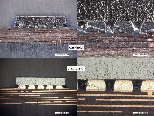 Top: darkfield lighting (100x and 300x)/bottom: brightfield lighting (100x and 300x)