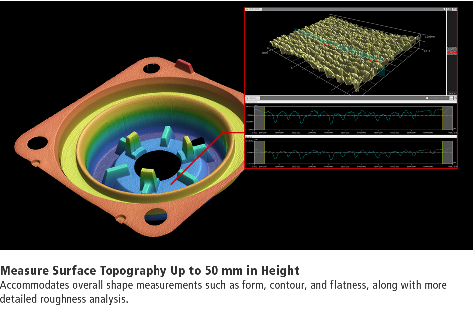 [Measure Surface Topography Up to 50 mm in Height] Accommodates overall shape measurements such as form, contour, and flatness, along with more detailed roughness analysis.